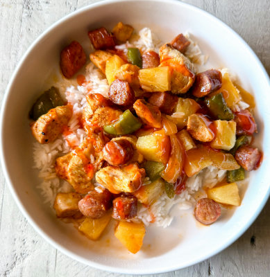 Sheet Pan Pineapple Chicken and Sausage