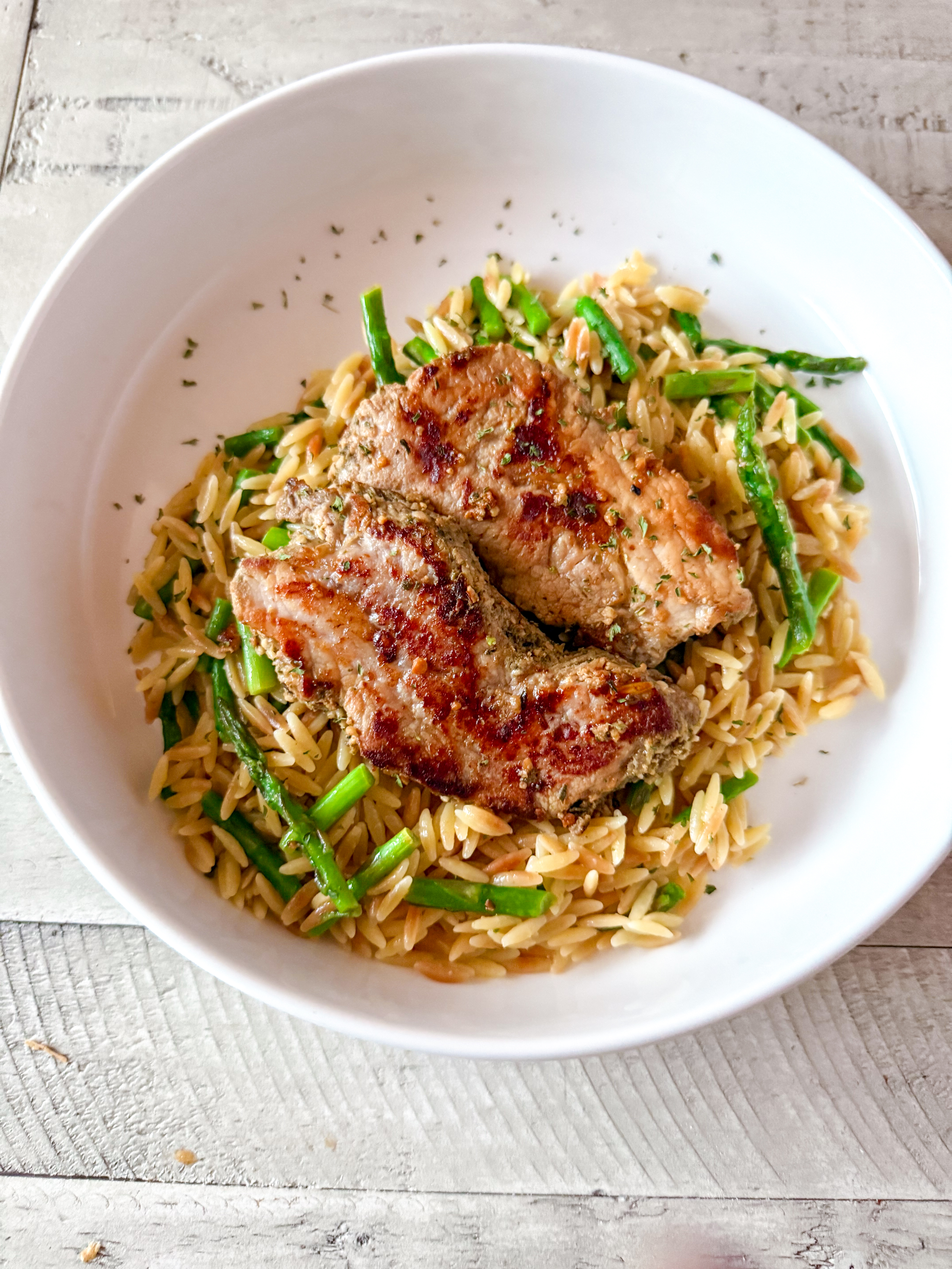 $10 Pork Tenderloin Orzo with Asparagus